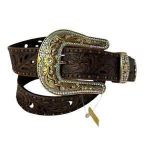 Vintage TONY LAMA Brown Tooled & Studded Rhinestones Leather Belt 40 Unisex